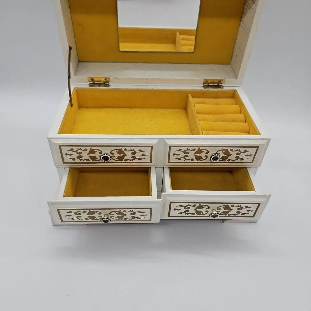 Wooden Jewelry Box White And Gold Filigree Velvet Lined